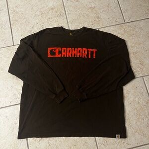 Carhartt Men's Dark Brown Long Sleeve Tee with Orange Logo